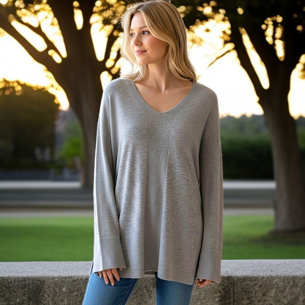 Joan Vass Cashmere Cozy Sweater M Relaxed Gray Bell Sleeves V Neck Quiet Luxury - Picture 15 of 16